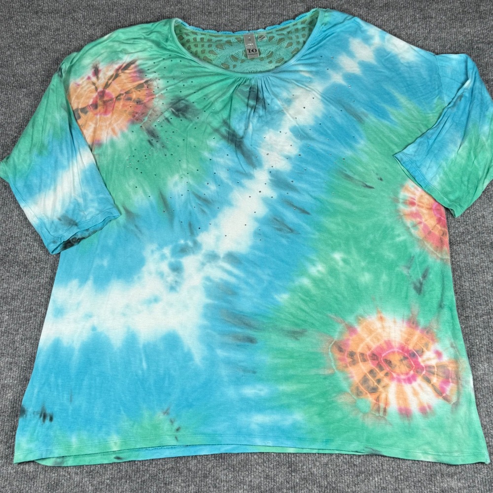 TO Thomas Olivia Tie Dye Crochet Blouse Shirt Top 1X Blue‎ Green Orange Coastal